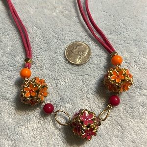 Pink Suede Necklace with Pink and Orange Flower Balls 21” with 2” Extender